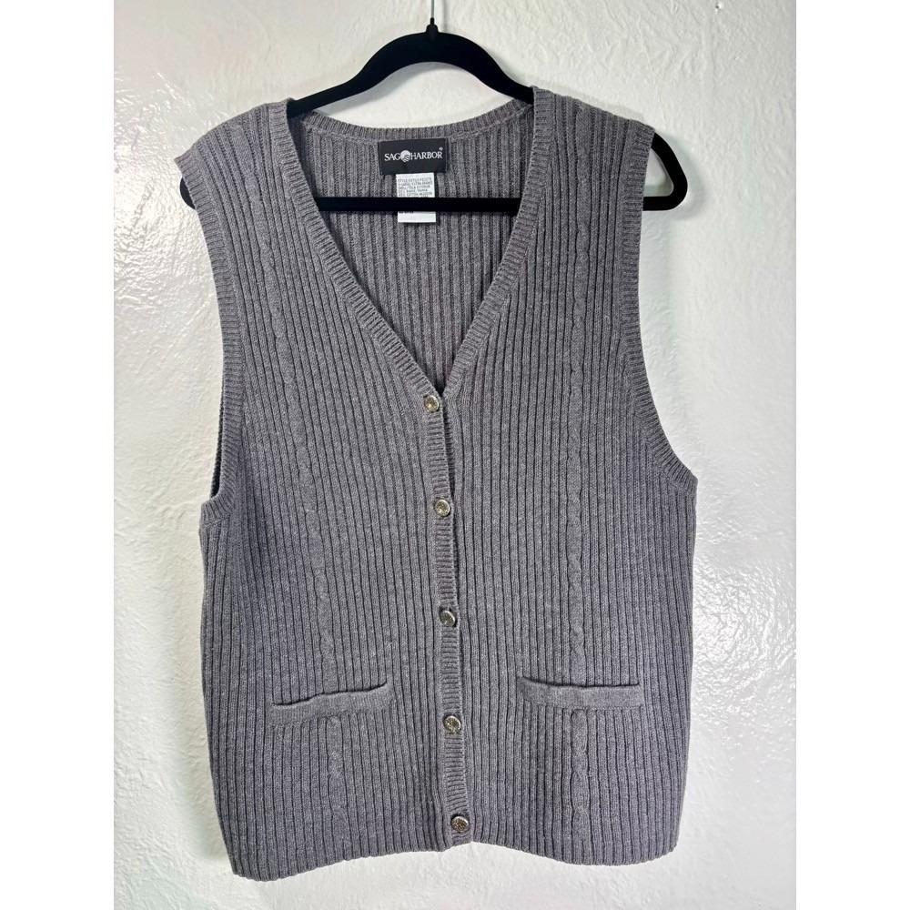 VTG Sag Harbor Grey Button Front‎ Cable Sweater Vest XL Academia Grandpa Dadbod